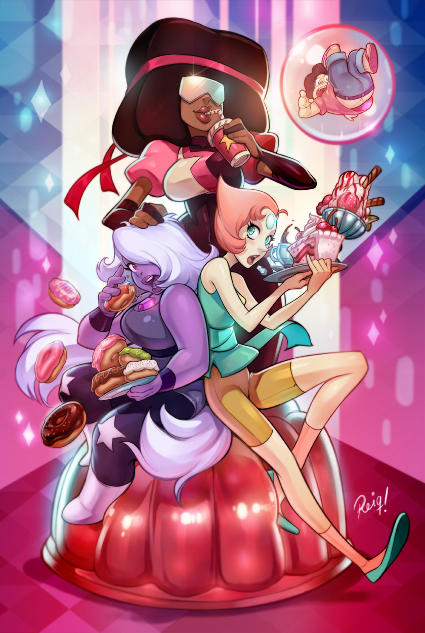 1boy 3girls afro amethyst_(steven_universe) artist_name ballerina_shoes bike_shorts blue_eyes brown_hair bubble butt_crack cake cartoon_network cherry cup dark_skin dessert doughnut drinking eating food forehead_jewel fruit garnet_(steven_universe) hair_over_one_eye hand_on_head headband ice_cream jelly lavender_hair looking_at_viewer multicolored_background multiple_girls open_mouth pearl_(steven_universe) purple_eyes purple_skin reiq sandals signature sleeveless socks sparkle steven_quartz_universe steven_universe straw sunglasses tea teacup tray very_long_hair whipped_cream wristband wristbands