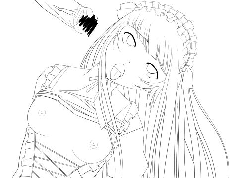 1girl bangs breasts breasts_outside censored female ikkitousen lineart long_hair monochrome nipples no_bra out penis simple_background small_areolae small_breasts small_nipples solo ten'i_(ikkitousen) ten'i_(ikkitousen) tongue tongue_out white_background yozo_(yozo2000)