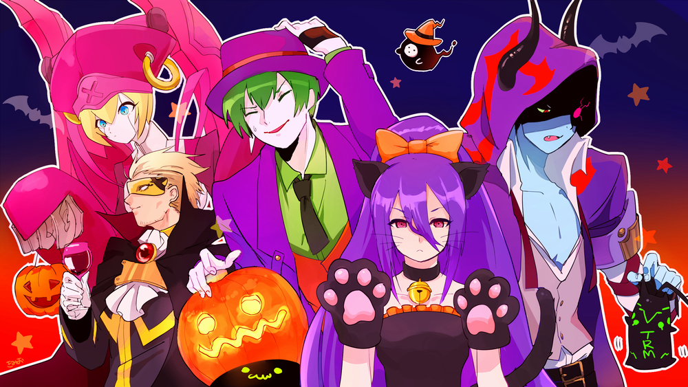 1girl 3boys alternate_color android animal_ears arakune arc_system_works artist_request bare_shoulders blazblue blonde_hair bow cape cat_ears cat_paws cat_tail eyes_closed facial_hair fake_animal_ears fang fedora fingerless_gloves gloves green_hair hades_izanami hair_between_eyes hair_bow halloween hat hazama hood horns ignis_(blazblue) long_hair mask mikado_(blazblue) multiple_boys open_mouth paws ponytail purple_hair red_eyes relius_clover short_hair smile stubble sweatdrop tail wine_glass yuuki_terumi