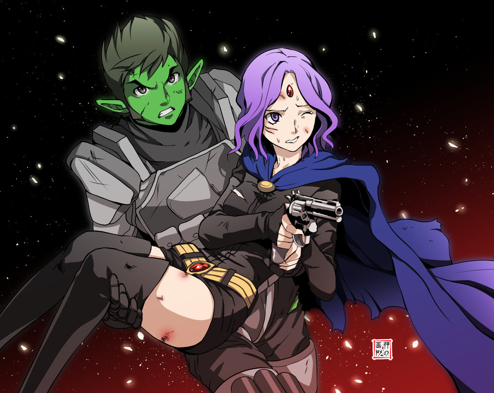 armor beast_boy_(dc) beastboy dc_comics eudetenis galactic_overlord green gun raven raven_(dc) suit teen_titans thighhighs weapon