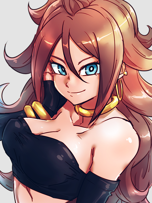 1girl android_21 arm_at_side bangs bare_shoulders black_gloves black_tank_top blue_eyes bracelet breasts brown_hair close-up cosplay dragon_ball dragon_ball_fighterz earrings elbow_gloves eyelashes gloves grey_background hair_between_eyes hand_in_hair hoop_earrings jewelry large_breasts long_hair looking_at_viewer majin_android_21 majin_android_21_(cosplay) necklace simple_background smile solo spiked_hair st62svnexilf2p9 tank_top upper_body