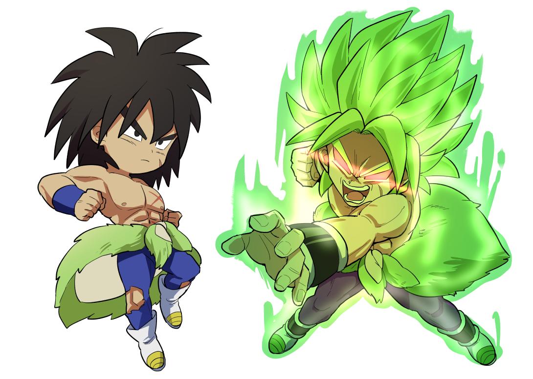 2boys arms_at_sides aura bidarian black_eyes black_hair boots broly_(dragon_ball_super) chibi clenched_hands dragon_ball dragon_ball_super_broly dual_persona expressionless fingernails full_body glowing glowing_eyes green_hair incoming_punch looking_away male_focus multiple_boys nipples no_pupils open_mouth outstretched_arm red_eyes scar shaded_face shirtless short_hair simple_background spiked_hair teeth torn_clothes torn_legwear white_background wristband