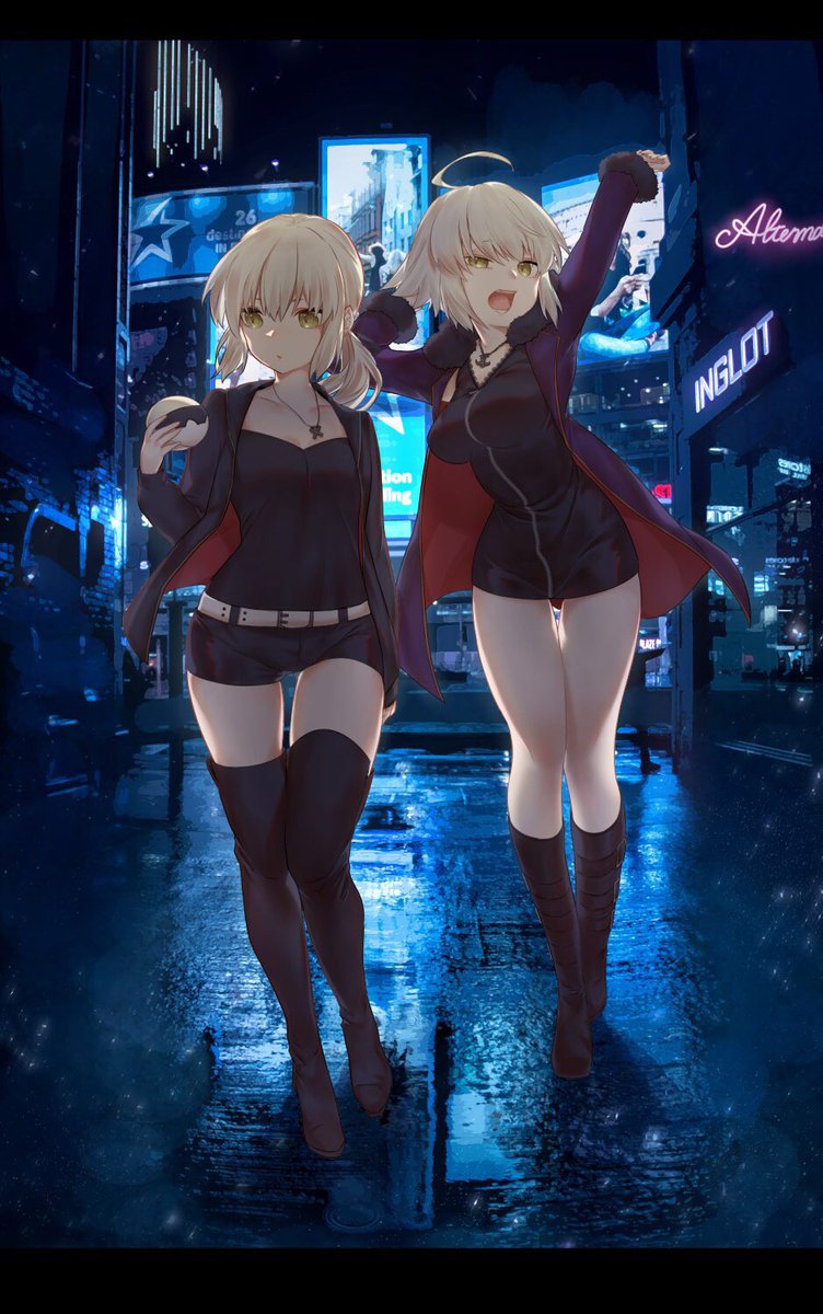 2girls arm_up artoria_pendragon_(all) bangs belt belt_buckle black_dress black_footwear black_legwear black_shirt black_shorts boots breasts brown_eyes buckle commentary_request dress fate/grand_order fate_(series) fur-trimmed_jacket fur-trimmed_sleeves fur_trim hair_between_eyes hand_up highres holding jacket jeanne_d'arc_(alter)_(fate) jeanne_d'arc_(fate)_(all) karinto_yamada knee_boots large_breasts light_brown_hair long_hair long_sleeves multiple_girls neon_lights night night_sky open_clothes open_jacket outdoors purple_jacket reflection saber_alter shinjuku shirt short_shorts shorts sky star stretch thigh_boots thighhighs white_belt wicked_dragon_witch_ver._shinjuku_1999