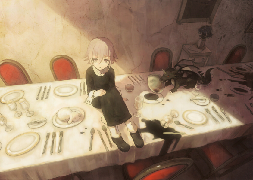 androgynous bangs black_blood black_dress black_footwear blood blood_stain bunny chair chest_of_drawers crona_(soul_eater) cup dragon dress drinking_glass empty_eyes expressionless flipped_hair flower fork glass hand_on_own_knee horns indoors kirobaito knife long_sleeves looking_at_viewer on_table pink_eyes pink_hair plate shoes short_hair solo soul_eater spoon sunlight table tablecloth vase wine_glass wings wrist_cuffs