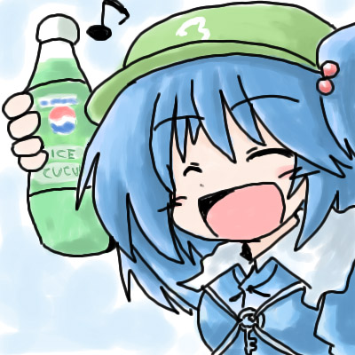 216 :d ^_^ bangs blue_hair blush bottle chibi closed_eyes eyebrows eyebrows_visible_through_hair hair_bobbles hair_ornament hat kawashiro_nitori key lowres musical_note open_mouth pepsi pepsi_ice_cucumber smile solo touhou two_side_up
