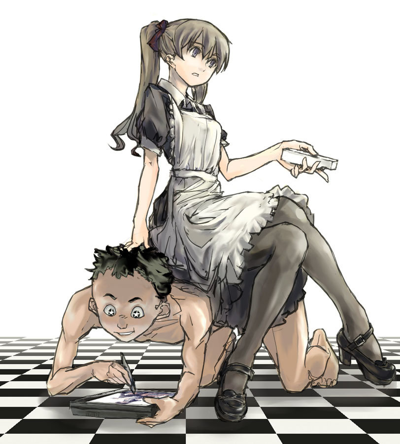 1girl checkered checkered_floor clothed_female_nude_male drawing femdom game_console hogeo human_chair human_furniture maid nude original pantyhose perspective sitting sitting_on_person tiles twintails wii