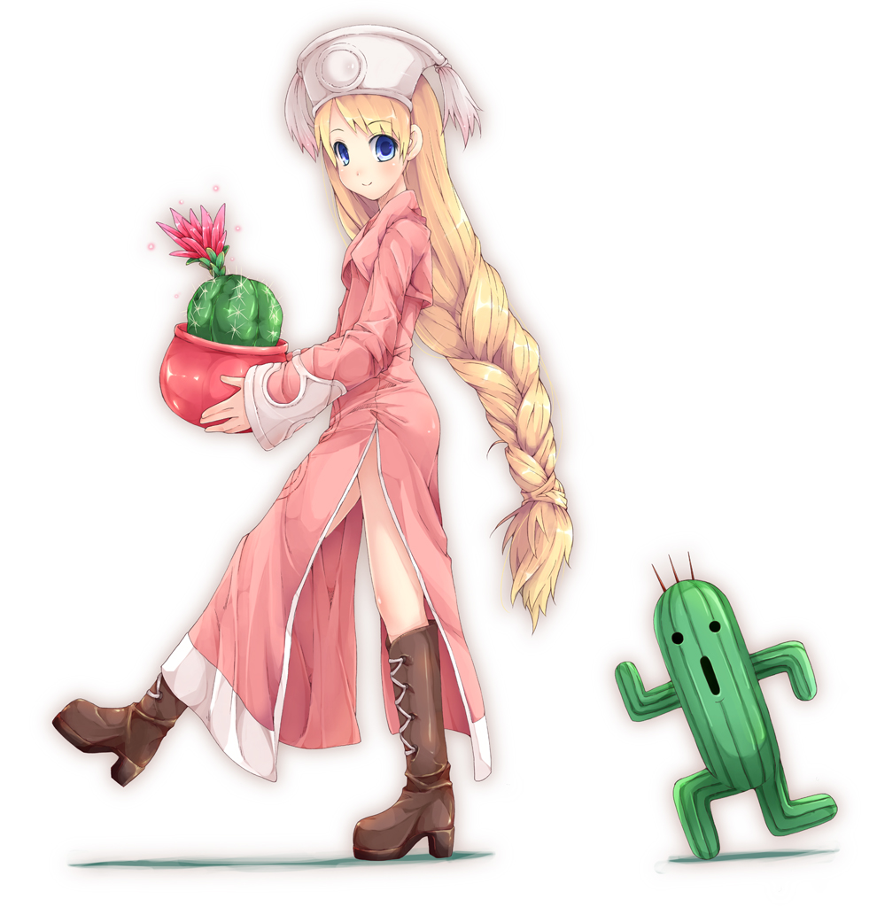 bad_id bad_pixiv_id blonde_hair blue_eyes boots braid cactus final_fantasy final_fantasy_tactics hat knee_boots legs long_hair mizuzono orator_(fft) plant potted_plant sabotender side_slit thighs very_long_hair