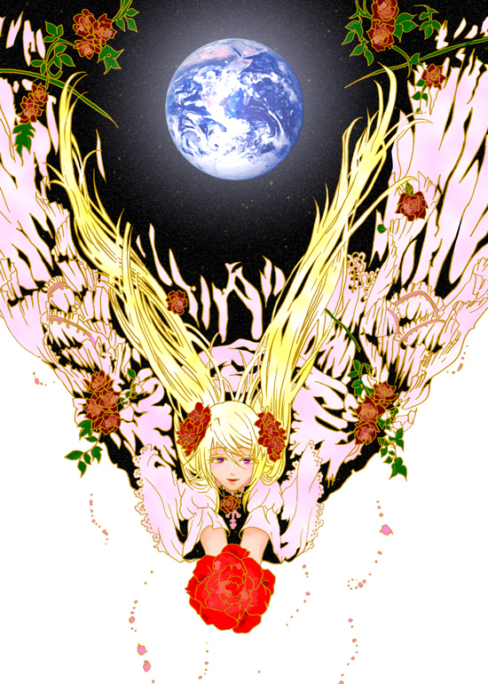 blonde_hair bouquet earth flower ginsanno1 long_hair original purple_eyes solo space twintails very_long_hair