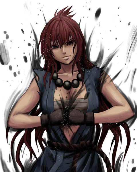 beads breasts cleavage crimson_comics dougi genderswap gloves gouki long_hair looking_at_viewer red-hair red_hair rope sarashi solo street-fighter street_fighter torn_clothes