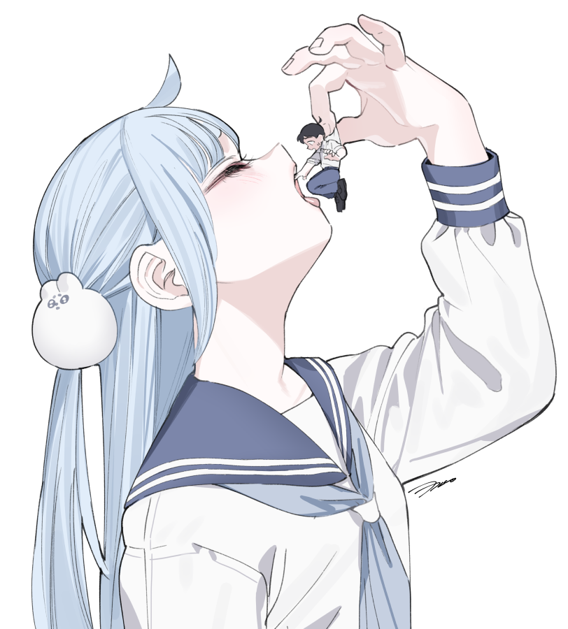 1boy 1girl ahoge blue_hair blue_sailor_collar closed_eyes from_side hair_ornament imminent_vore lifting_person long_hair mini_person miniboy neck original pinching rabbit_hair_ornament sailor_collar school_uniform serafuku size_difference tongue upper_body white_background wolrero