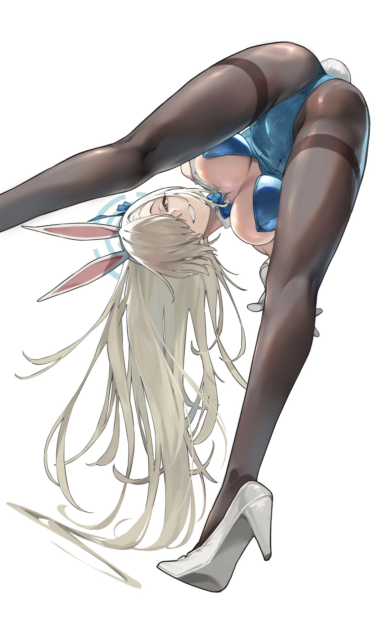 1girl animal_ears ass asuna_(blue_archive) asuna_(bunny)_(blue_archive) blonde_hair blue_archive blue_eyes blue_leotard blush bow bowtie breasts commentary detached_collar fake_animal_ears fishnets from_behind from_below full_body gloves grin high_heels highleg highleg_leotard highres large_breasts leotard long_hair looking_at_viewer nonco pantyhose playboy_bunny rabbit_ears rabbit_tail simple_background smile solo strapless strapless_leotard tail thighband_pantyhose very_long_hair white_background white_gloves