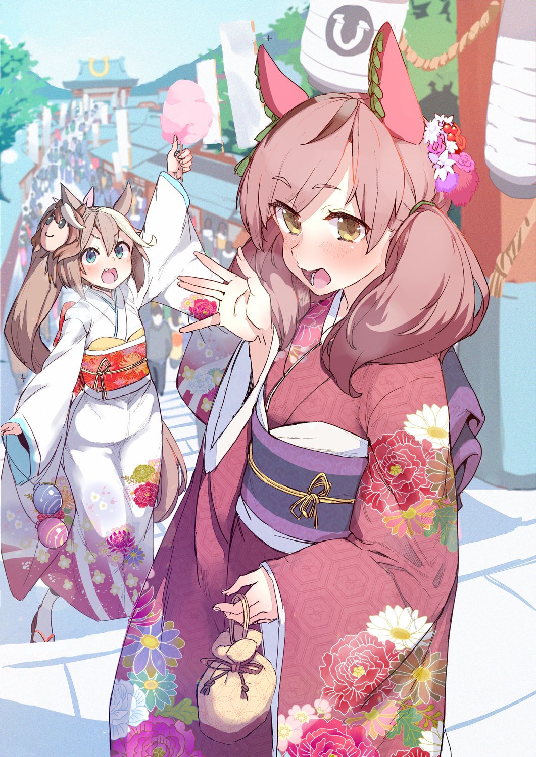 2girls animal_ears arm_up blue_eyes blush character_mask cotton_candy ear_covers fang flat_chest floral_print food hair_ornament hidori_(hibi_toridori) highres holding holding_food horse_ears japanese_clothes kimono kinchaku lantern long_hair long_sleeves looking_at_viewer mask mask_on_head multicolored_hair multiple_girls nice_nature_(umamusume) obi open_mouth outdoors paper_lantern people ponytail pouch red_kimono sandals sash smile socks standing streaked_hair tokai_teio_(umamusume) torii twintails umamusume v-shaped_eyebrows water_yoyo waving white_kimono white_socks yellow_eyes