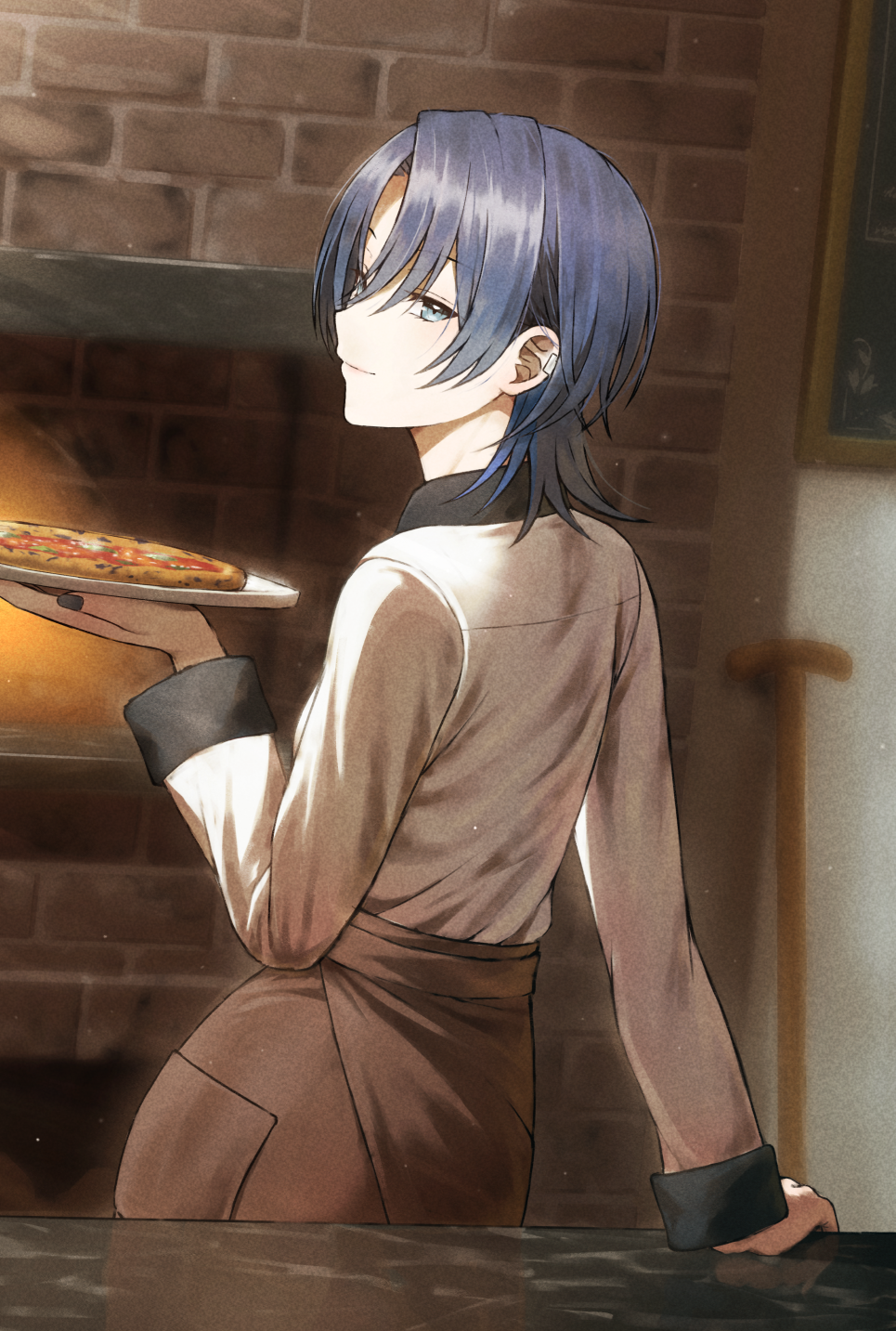 1girl androgynous apron arm_support blue_eyes blue_hair blue_nails brick_oven brown_apron closed_mouth commentary_request fagi_(kakikaki) fingernails food from_behind hair_between_eyes highres hiodoshi_ao holding holding_tray hololive hololive_dev_is indoors long_fingernails long_sleeves nail_polish oven pizza profile shirt short_hair smile solo tray virtual_youtuber waist_apron white_shirt