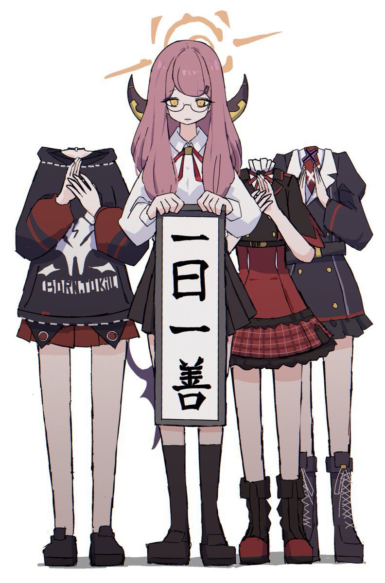 4girls aru_(blue_archive) black_footwear black_hoodie black_jacket black_skirt blue_archive boots brown_horns buttons choker clapping collared_shirt cropped_jacket demon_horns demon_wings dr_yamero frilled_skirt frills halo haruka_(blue_archive) headless high-waist_skirt highres hood hoodie horns jacket kayoko_(blue_archive) long_hair long_sleeves low_wings miniskirt multiple_girls mutsuki_(blue_archive) neck_ribbon pencil_skirt pink_hair plaid plaid_skirt pleated_skirt problem_solver_68_(blue_archive) red_ribbon red_skirt ribbon shirt shirt_tucked_in short_sleeves single_wing skirt white_shirt wide_sleeves wings yellow_eyes