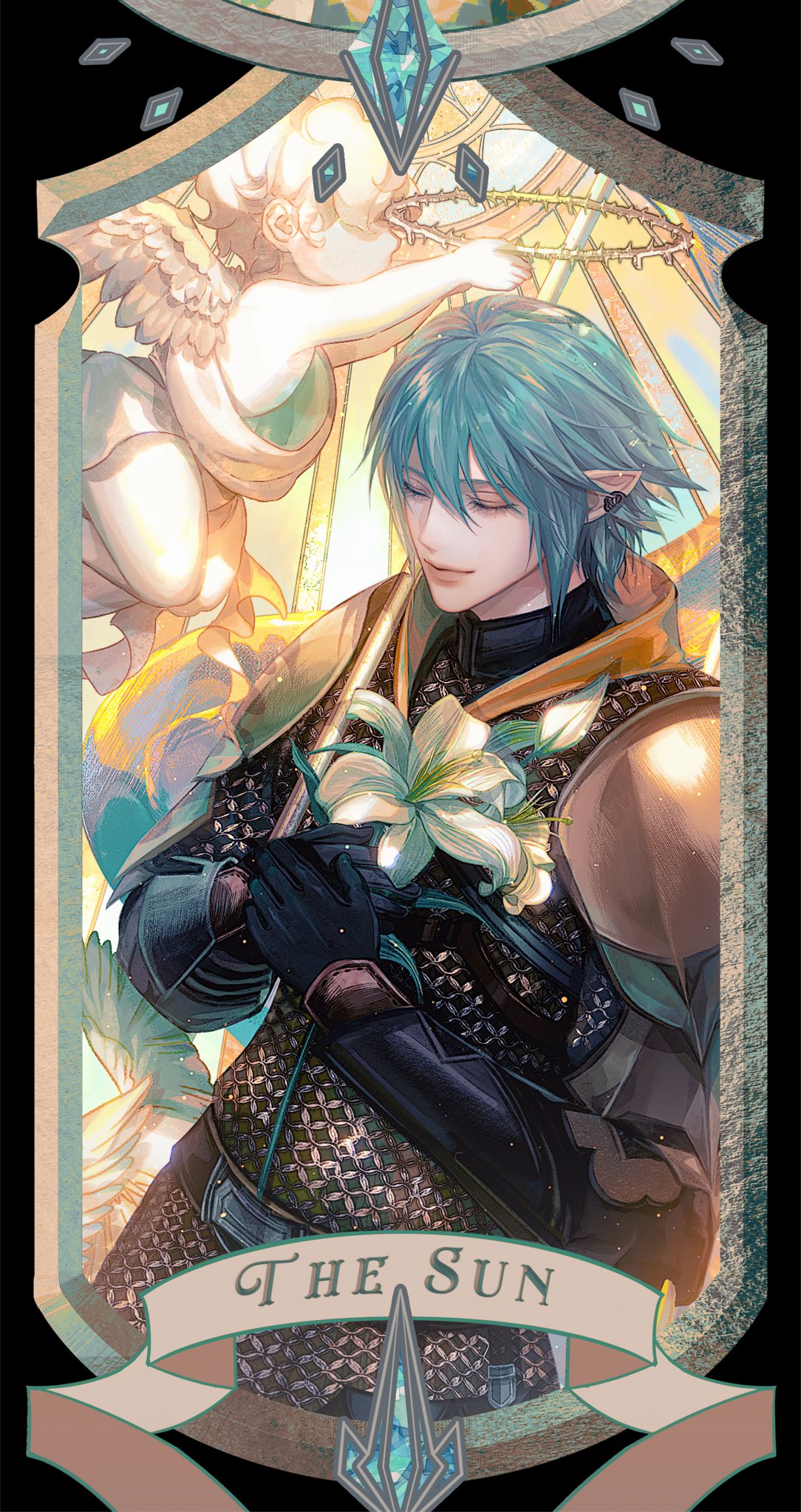 1boy angel_wings armor belt black_border black_gloves blue_hair border card_(medium) chainmail cherub closed_eyes commentary cowboy_shot earclip elezen elf english_commentary final_fantasy final_fantasy_xiv flower from_side gloves hair_between_eyes halo hands_on_own_chest haurchefant_greystone highres holding holding_flower jingjue_de_yumiao male_focus own_hands_together pauldrons pointy_ears short_hair shoulder_armor smile solo tarot tarot_(medium) the_sun_(tarot) white_flower wings