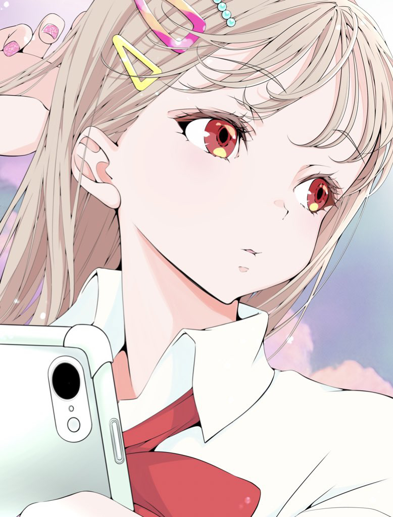 1girl blonde_hair blush bow bowtie cellphone collared_shirt gyaru hair_ornament hairclip hand_on_own_head hand_up holding holding_phone kogal lavie_(cestbonlavie) looking_to_the_side original parted_lips pearl_hair_ornament phone red_eyes shirt sky smartphone solo upper_body