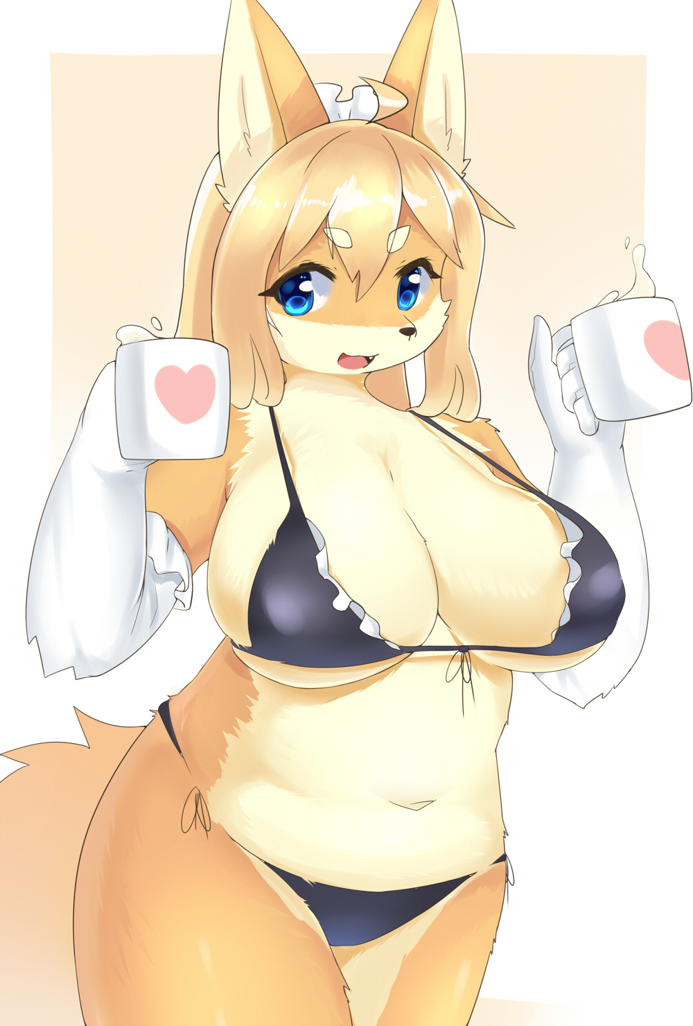 1girl :3 ahoge animal_ears animal_nose bare_shoulders bikini black_bikini blonde_hair blue_eyes body_fur border breasts cleavage commentary cup drink elbow_gloves faeki fang fox_ears fox_girl fox_tail frilled_bikini frilled_gloves frills front-tie_bikini_top front-tie_top furry furry_female gloves gradient_background hands_up happy heart highres holding holding_cup holding_drink huge_breasts long_hair looking_at_viewer maid maid_bikini maid_headdress mug navel open_mouth orange_background original outside_border side-tie_bikini_bottom sidelocks simple_background skindentation smile snout solo stomach string_bikini swimsuit tail thick_eyebrows thick_thighs thighs two-tone_fur unconventional_maid white_border yellow_fur