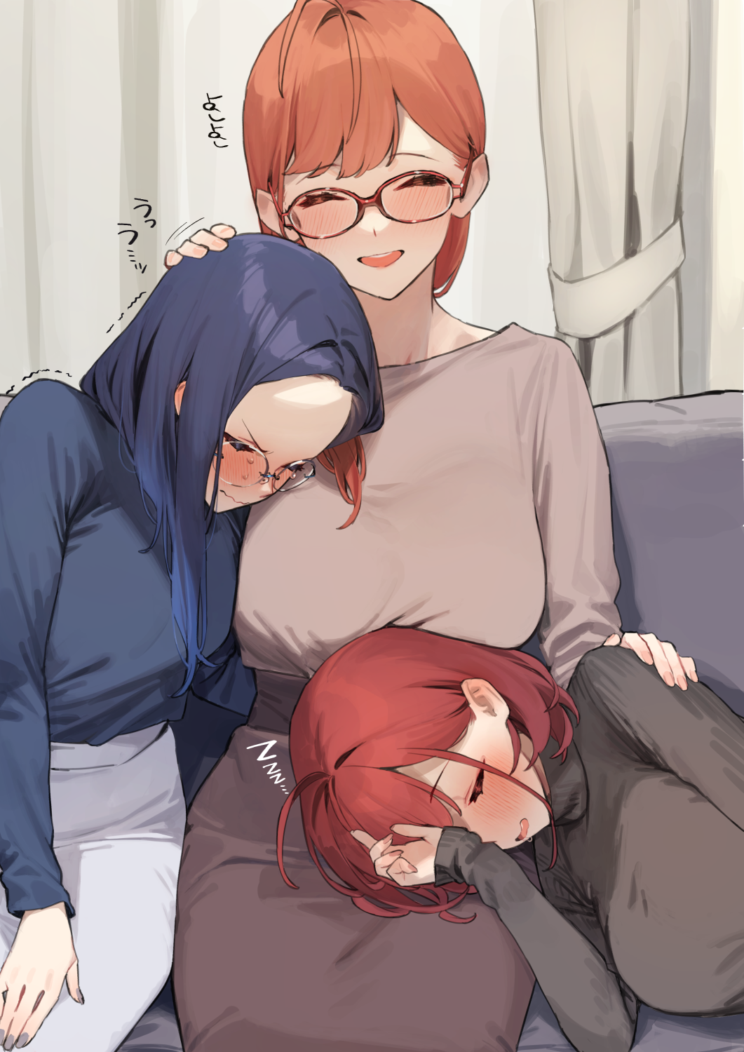 3girls 92m ^_^ black_sweater blue_hair blue_shirt blush breasts brown_shirt closed_eyes commentary_request dateko fingernails glasses hand_on_another's_head highres kinshi_no_ane large_breasts long_sleeves mature_female mother_and_daughter multiple_girls original pants petting red-framed_eyewear red_hair sanako_(92m) shirt sitting sleeping smile sweater white_pants zzz