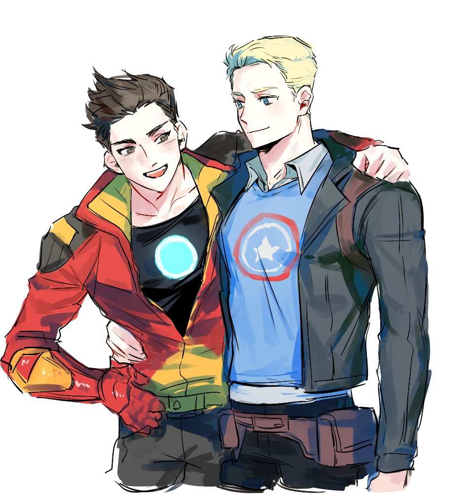 2boys animification arc_reactor arm_armor arm_up armor avengers_academy belt black_shirt blonde_hair blue_eyes blue_pants blush brown_belt brown_eyes brown_hair closed_mouth collarbone collared_jacket collared_shirt commentary_request grey_jacket grey_pants hand_on_another's_shoulder hand_on_own_hip jacket korean_commentary long_sleeves looking_at_another male_focus marvel multicolored_clothes multicolored_jacket multiple_boys open_clothes open_jacket open_mouth pants pocket red_armor red_jacket rro_hr2 shirt short_hair simple_background smile standing star_(symbol) star_print steve_rogers t-shirt teeth tongue tony_stark two-tone_jacket white_background yellow_jacket