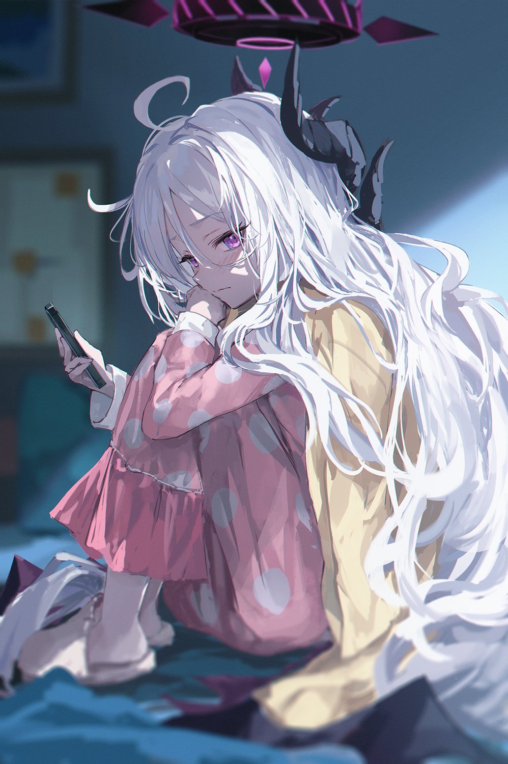 1girl blanket blue_archive cellphone closed_mouth frown halo highres hina_(blue_archive) holding holding_phone horns indoors knees_up long_hair long_sleeves looking_at_viewer makihitsuji pajamas pants phone pink_pajamas pink_pants pink_shirt purple_eyes shirt sitting slippers smartphone solo white_hair
