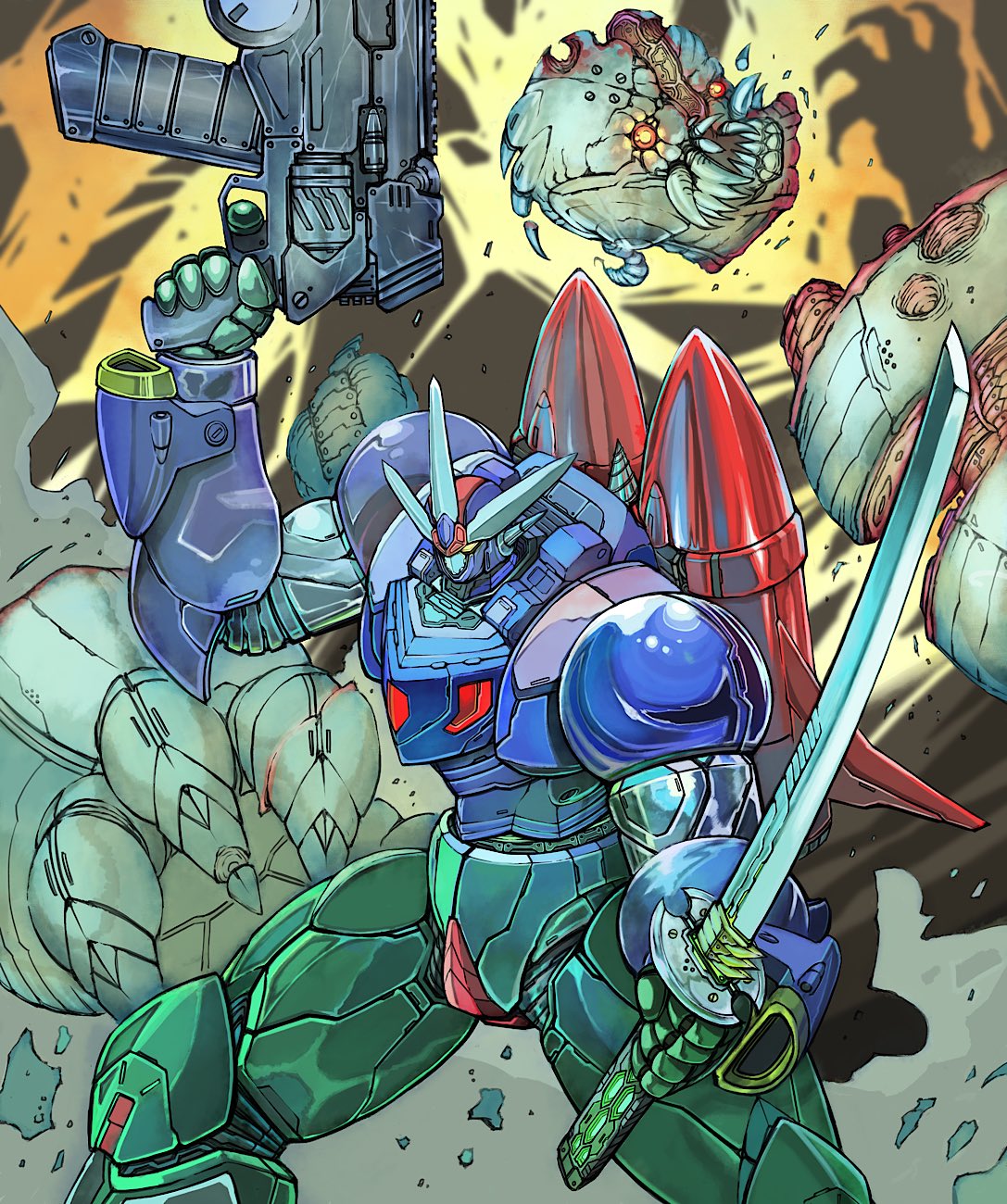 armor biomechanical blue_armor bullet_hole decapitation drill dual_wielding getter_go getter_robo getter_robo_go glowing glowing_eyes green_armor gun highres holding holding_gun holding_sword holding_weapon jetpack katana mecha monster multicolored_armor no_humans red_armor red_eyes robot science_fiction sharp_teeth shin_getter_robo_vs_neo_getter_robo sliced super_robot sword teeth thrusters weapon yamanushi yellow_eyes