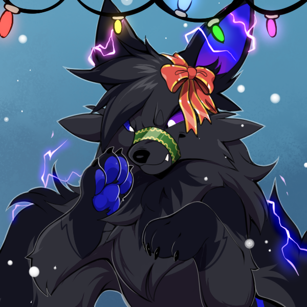 angry black_body black_fur black_paws blue_eyes blue_pawpads chest_tuft christmas christmas_lights claws dark_body dark_fur eeveelution electricity fan_character fangs female feral fur generation_1_pokemon gradient_ears heterochromia holidays jolteon muzzle_(object) nintendo pawpads paws pokemon pokemon_(species) purple_eyes rhian_caniad ribbon_in_hair snaggle_tooth solo tail takeo_(artist) teeth thick_fur tuft