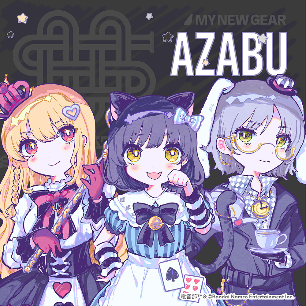 3girls :d alice_(alice_in_wonderland) alice_(alice_in_wonderland)_(cosplay) alice_in_wonderland animal_ears arm_warmers bell black_bow black_hair black_jacket black_skirt blonde_hair blue_bow blue_dress blush bow card cat_ears cat_tail chain closed_mouth collared_dress commentary_request copyright_name copyright_notice cosplay crown denonbu dress green_eyes grey_hair haijima_ginka hair_bow hair_ornament hand_on_own_hip hand_up heart heart_hair_ornament high-waist_skirt holding holding_saucer holding_scepter holding_teapot jacket jewelry jingle_bell kiato kurogane_tama long_hair long_sleeves looking_at_viewer multiple_girls necklace official_alternate_costume official_art open_mouth pendant_watch playing_card queen_of_hearts_(alice_in_wonderland) queen_of_hearts_(alice_in_wonderland)_(cosplay) rabbit_ears red_eyes saucer scepter second-party_source shirokane_aki shirt short_hair skirt smile spade_(shape) striped striped_dress tail teapot vertical-striped_dress vertical_stripes white_rabbit_(alice_in_wonderland) white_rabbit_(alice_in_wonderland)_(cosplay) white_shirt yellow_eyes