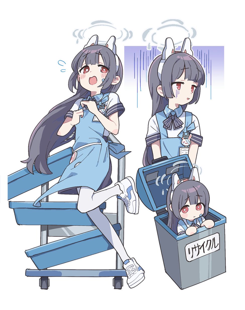 1girl angel's_24_uniform_(blue_archive) animal_ears apron black_bow black_bowtie black_hair blue_apron blue_archive bow bowtie collared_shirt fake_animal_ears flying_sweatdrops grey_halo halo highres in_trash_can long_hair miyu_(blue_archive) multiple_views official_alternate_costume pantyhose polo_shirt rabbit_ears red_eyes shirt shoes short_sleeves simple_background sneakers striped striped_bow striped_bowtie syumi080 trash_can white_background white_footwear white_pantyhose white_shirt