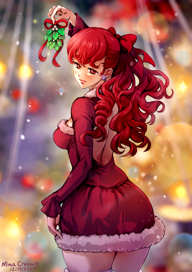 1girl ass backless_dress backless_outfit blush breasts christmas dress earrings fur-trimmed_dress fur_trim hair_ribbon holding_mistletoe jewelry long_hair long_sleeves looking_at_viewer looking_back medium_breasts mina_cream mistletoe persona persona_5 persona_5_the_royal ponytail red_dress red_eyes red_hair ribbon santa_dress smile solo thick_thighs thighs wide_hips yoshizawa_kasumi