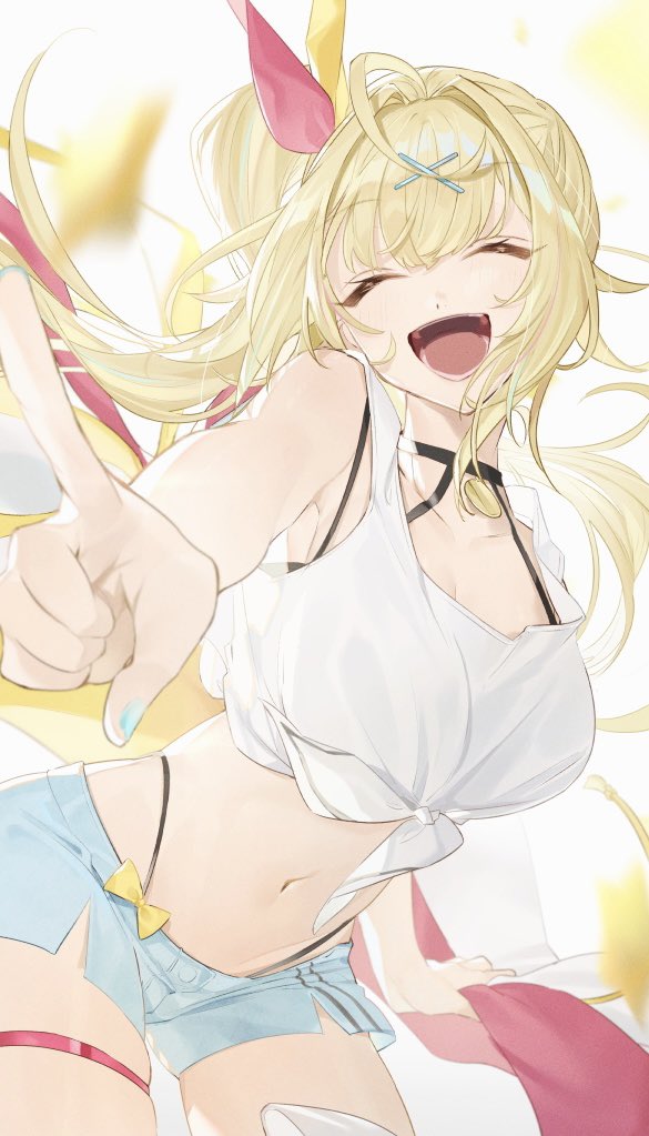 1girl ahoge blonde_hair blue_nails blue_shorts breasts closed_eyes cowboy_shot crop_top facing_viewer hair_ornament happy highleg hino_hinako hoshikawa_sara hoshikawa_sara_(1st_costume) index_finger_raised long_hair medium_breasts navel nijisanji open_mouth panty_straps shirt short_shorts shorts side_ponytail skindentation smile solo tank_top thigh_strap tied_shirt virtual_youtuber white_tank_top x_hair_ornament