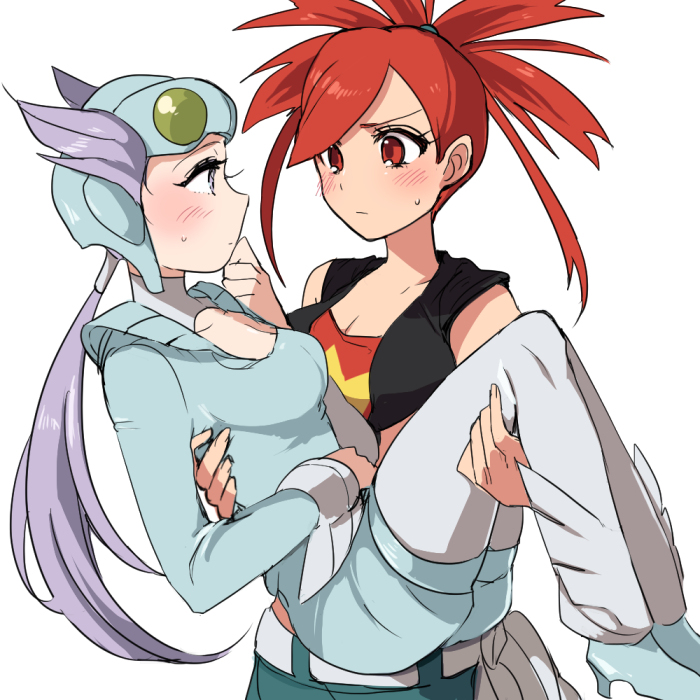 2girls artist_request asuna_(pokemon) blush carrying gym_leader multiple_girls nagi_(pokemon) nintendo pokemon pokemon_oras princess_carry purple_eyes purple_hair tagme yuri