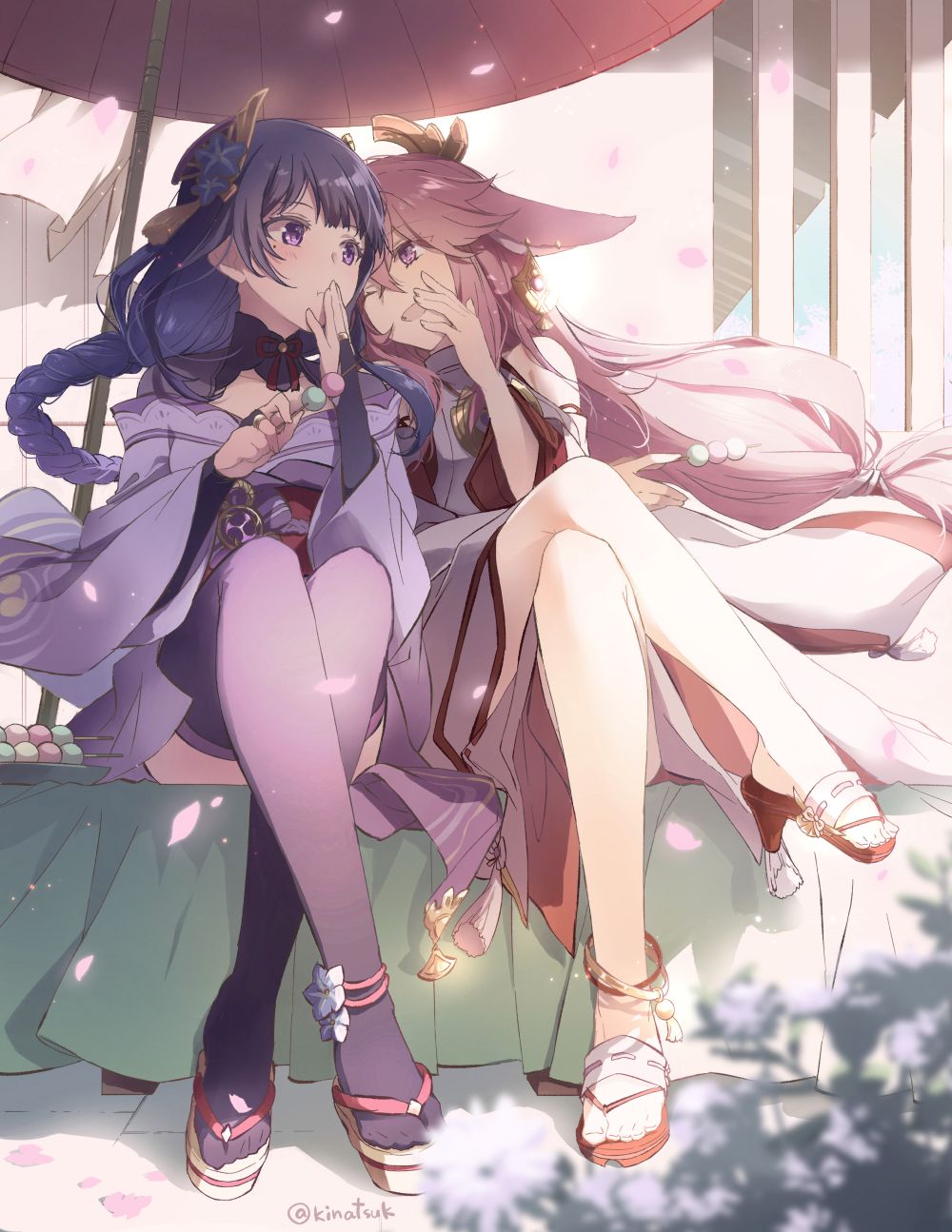 2girls animal_ears black_bridal_gauntlets blush braid braided_ponytail bridal_gauntlets covering_mouth crossed_ankles crossed_legs dango detached_sleeves earrings eating falling_petals floppy_ears flower food fox_ears genshin_impact hair_between_eyes hair_ornament hand_up highres holding holding_food japanese_clothes jewelry kimono kinatsu_k long_hair looking_at_another low-tied_long_hair mole mole_under_eye multiple_girls nontraditional_miko obi obiage obijime oil-paper_umbrella okobo one_eye_closed open_mouth outdoors petals pink_hair purple_eyes purple_flower purple_hair purple_kimono purple_thighhighs raiden_shogun sandals sanshoku_dango sash sidelocks sitting thighhighs tomoe_(symbol) umbrella wagashi whispering yae_miko
