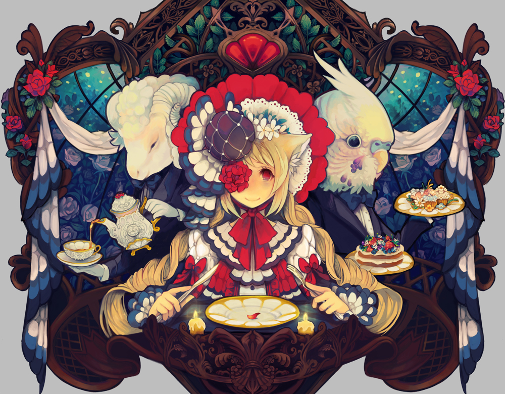 1girl 2boys animal_ears animal_head bags_under_eyes bird_boy black_jacket blonde_hair blue_bow blue_bowtie bonnet bow bowtie braid butler cake candle cat_ears cat_girl choppy_bangs closed_mouth cup cupcake dress eiyuu_chronicle flower flower_over_eye food fork frilled_sleeves frills gloves grey_background hair_flower hair_ornament holding holding_fork holding_knife holding_plate holding_teapot jacket knife leaf long_hair long_sleeves looking_at_viewer multiple_boys natsumika petals picture_frame plate purple_flower purple_rose red_eyes red_flower red_headwear red_ribbon red_rose ribbon rose saucer sheep_boy shirt sidelocks sleeve_bow smile table tea teacup teapot twin_braids upper_body white_dress white_flower white_gloves white_shirt window