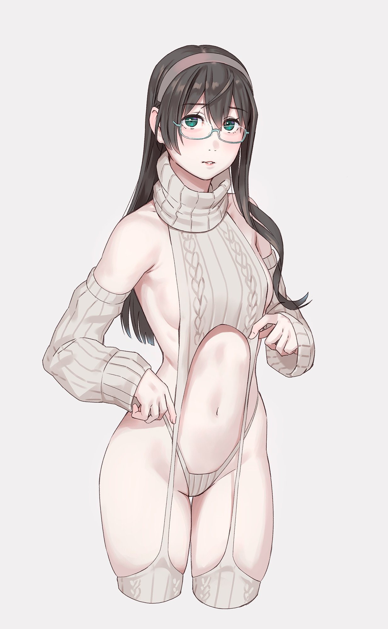 1girl alternate_costume black_hair brown_hairband cowboy_shot cropped_legs detached_sleeves glasses green_eyes groin hair_between_eyes hairband highleg highleg_panties highres kantai_collection long_hair looking_at_viewer navel ooyodo_(kancolle) open_mouth panties simple_background solo sweater thighhighs underwear virgin_destroyer_sweater white_background white_panties white_sweater white_thighhighs yuuji_(and)