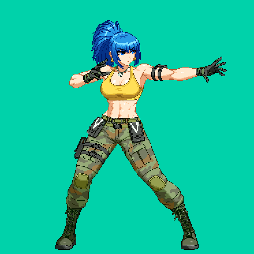 1girl abs aoi_ship arm_pouch bare_shoulders biceps blue_hair boots breasts camouflage camouflage_pants cargo_pants cleavage combat_boots crop_top dog_tags earrings jewelry large_breasts leona_heidern long_hair muscular muscular_female pants pixel_art ponytail simple_background snk soldier solo tank_top the_king_of_fighters the_king_of_fighters_xiv triangle_earrings yellow_tank_top