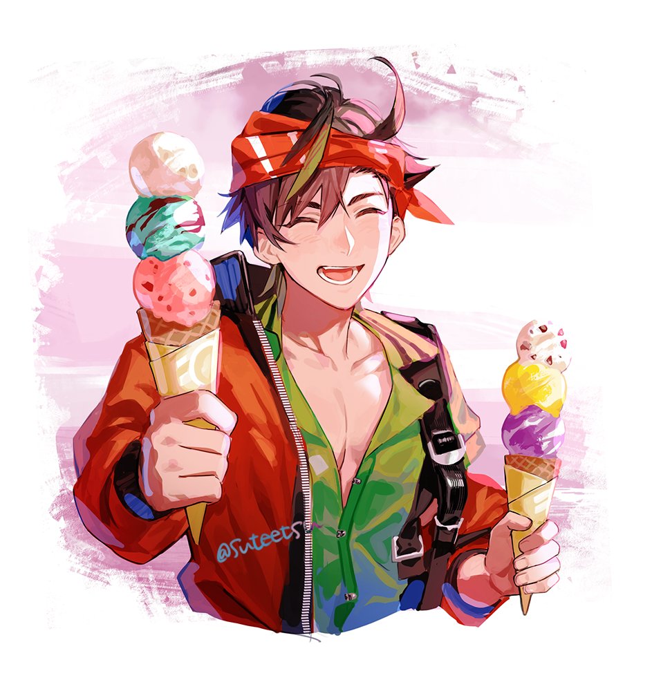 1boy arknights aynoh bandana brown_hair bryophyta_(arknights) closed_eyes commentary cropped_torso food green_shirt holding holding_food holding_ice_cream ice_cream ice_cream_cone jacket long_sleeves looking_at_viewer male_focus open_mouth pectorals pink_background red_bandana red_jacket shirt short_hair simple_background smile solo unbuttoned upper_body white_background zipper
