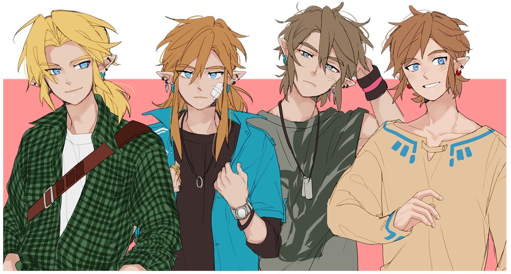 4boys bandaid bandaid_on_face blonde_hair blue_eyes brown_hair casual collared_shirt contemporary dog_tags earrings fang hanaberin in-franchise_crossover jacket jewelry link multiple_boys multiple_persona open_clothes open_shirt pointy_ears shirt smile the_legend_of_zelda the_legend_of_zelda:_breath_of_the_wild the_legend_of_zelda:_ocarina_of_time the_legend_of_zelda:_skyward_sword the_legend_of_zelda:_twilight_princess upper_body watch wristwatch