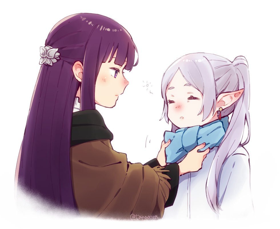2girls adjusting_another's_clothes blue_scarf blush brown_coat butterfly_hair_ornament closed_eyes closed_mouth coat commentary_request cropped_torso earrings elf expressions fern_(sousou_no_frieren) frieren hair_ornament jewelry long_hair long_sleeves multiple_girls nose_blush parted_bangs pointy_ears purple_eyes purple_hair scarf sidelocks simple_background sleepy sousou_no_frieren straight_hair taka0028 twintails twitter_username upper_body watermark white_background white_hair winter_clothes