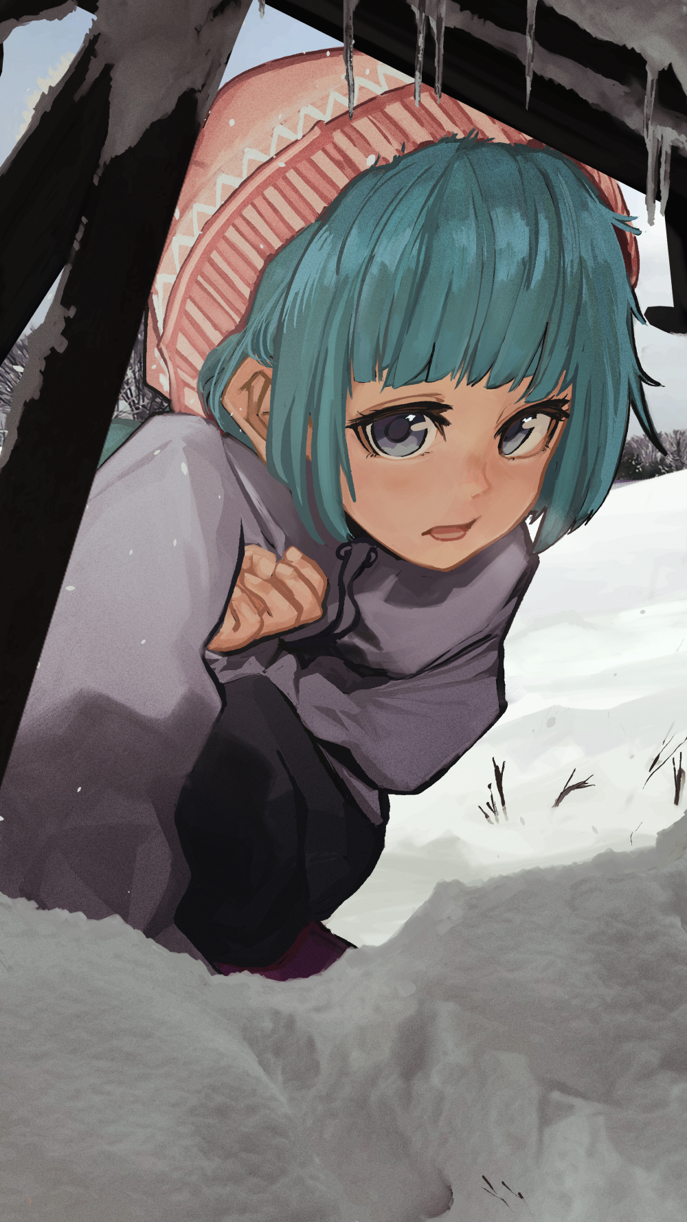 1girl aqua_hair blue_eyes casual highres jacket looking_at_viewer original russia scenery servachok short_hair snow solo tagme winter winter_clothes