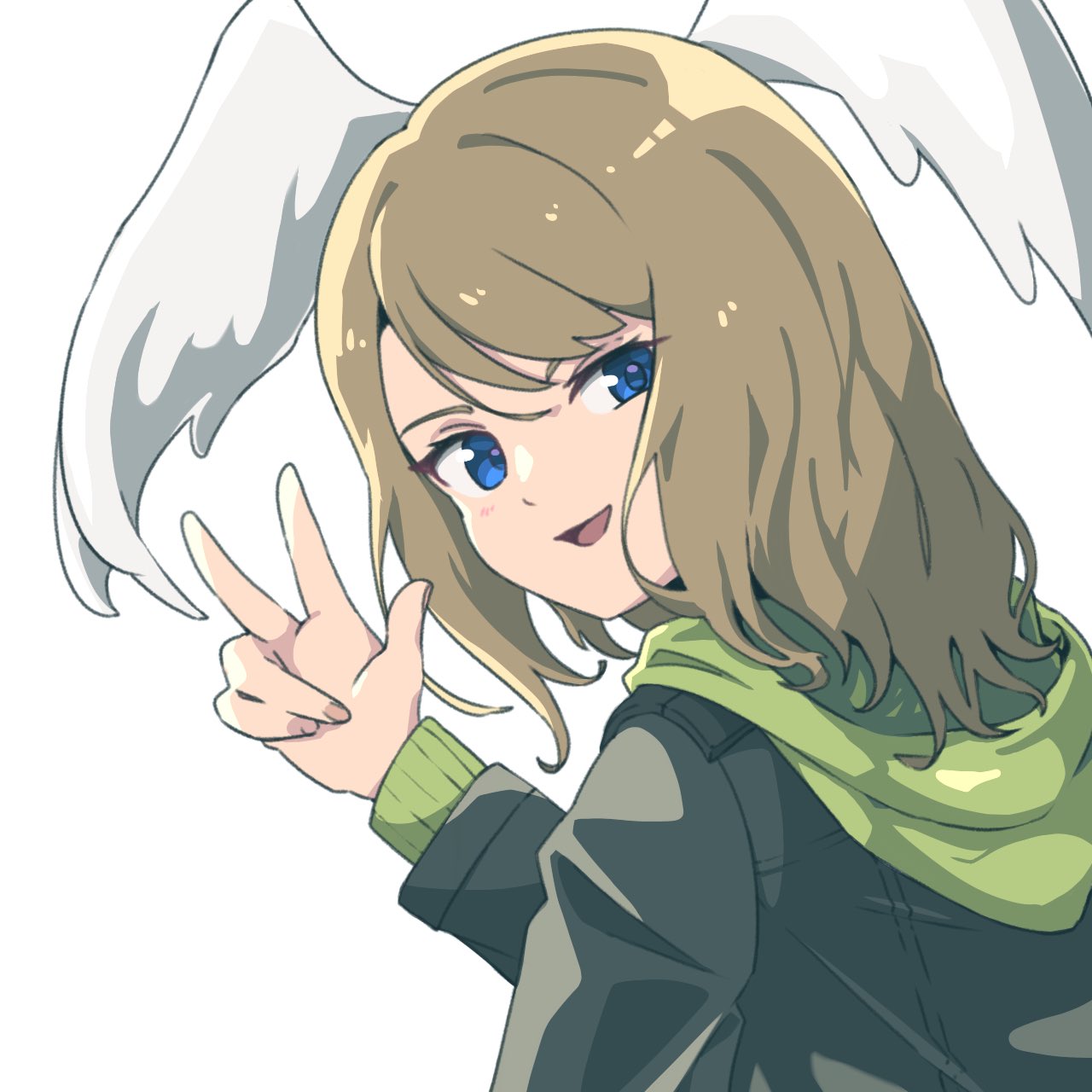 1girl :d black_jacket blue_eyes brown_hair commentary_request eunie_(xenoblade) from_side grey_wings hair_between_eyes head_wings highres hood hood_down jacket long_hair long_sleeves looking_at_viewer looking_to_the_side simple_background smile solo tekology upper_body w white_background wings xenoblade_chronicles_(series) xenoblade_chronicles_3