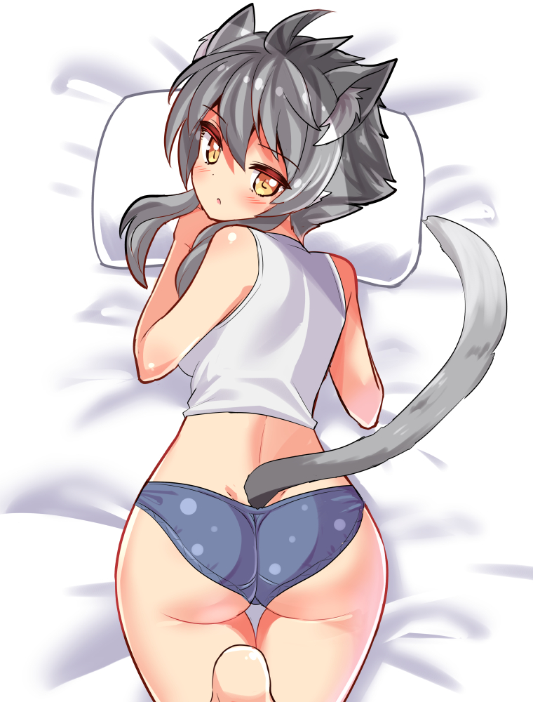 1girl animal_ears ashroa_(cougar1404) ass bed_sheet cat_ears cat_girl cat_tail commentary cougar_(cougar1404) crotch_seam from_above grey_hair grey_panties leg_up looking_at_viewer looking_back lying on_bed on_stomach original panties parted_lips pillow polka_dot polka_dot_panties short_hair sidelocks solo tail tank_top thigh_gap underwear underwear_only white_tank_top yellow_eyes