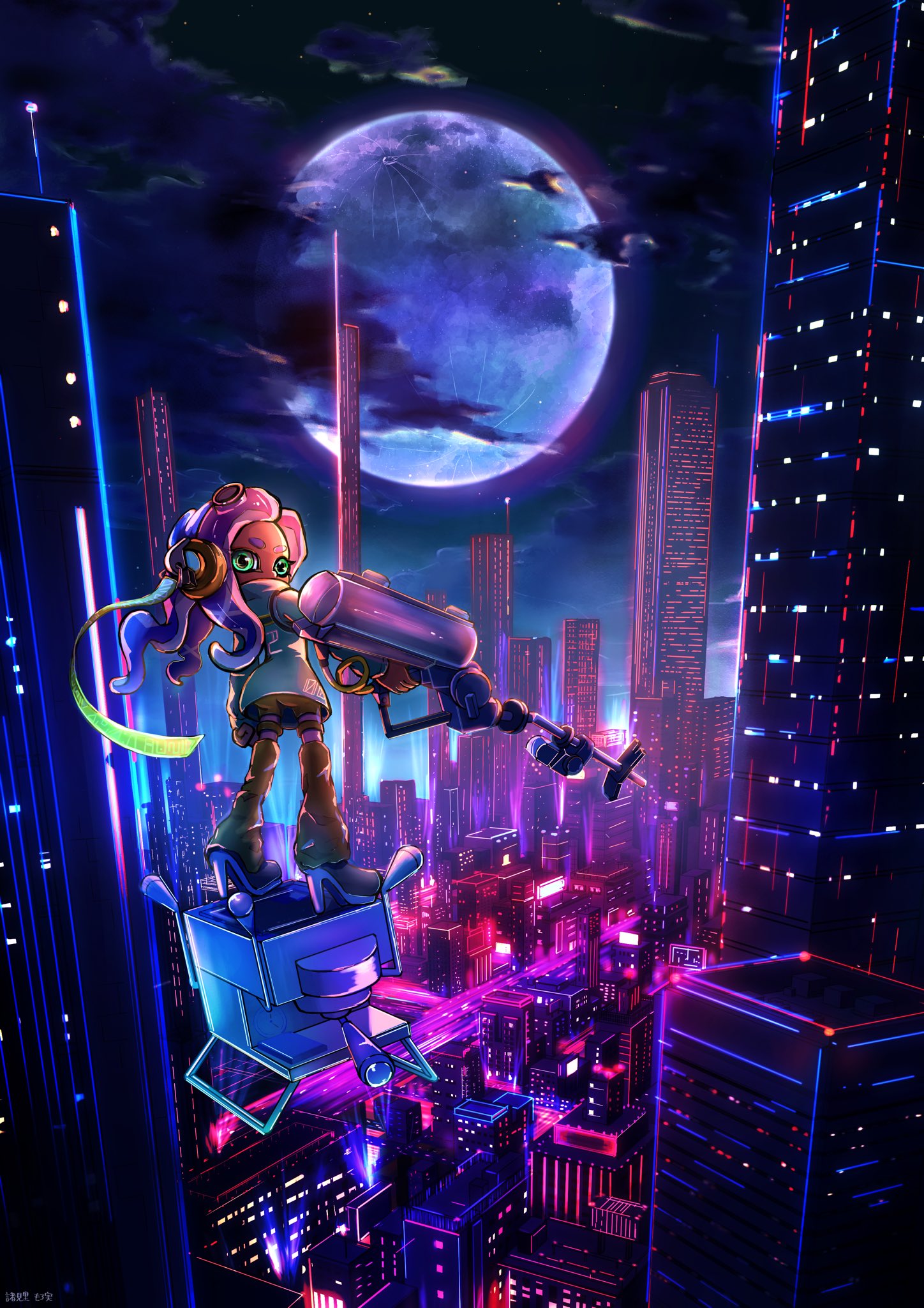 1girl ass blue_sky building cityscape cloud commentary covered_mouth drone e-liter_4k_(splatoon) eyelashes full_body full_moon gradient_sky green_eyes gun high_heels highres holding holding_gun holding_weapon huge_moon looking_back moon moromi_(kscd4482) night night_sky octoling octoling_girl purple_hair sky skyscraper solo splatoon_(series) splatoon_3 standing thick_eyebrows weapon