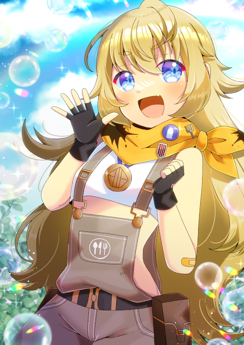 1girl :d ash_arms bandaid bandaid_on_arm bandana bare_shoulders black_gloves blonde_hair blue_eyes blue_sky blurry blurry_background blush breasts character_request cloud cloudy_sky commentary_request commission crop_top day depth_of_field fang fingerless_gloves gloves hair_between_eyes hands_up kou_hiyoyo long_hair looking_at_viewer outdoors overalls shirt short_eyebrows skeb_commission sky sleeveless sleeveless_shirt small_breasts smile solo thick_eyebrows very_long_hair white_shirt