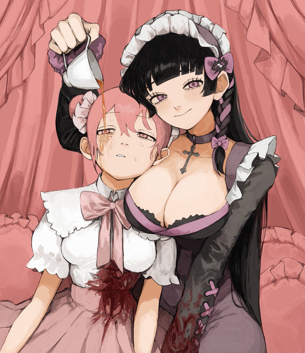 2girls bed black_hair blood blood_on_clothes blood_on_dress bow bow_hairband bowtie breast_press breasts canopy_bed choker cleavage collared_shirt cross cross_choker cup double-parted_bangs double_bun dress frilled_hairband frilled_pillow frilled_straps frills gakudayo hair_bun hairband highres hime_cut holding holding_cup long_hair looking_at_viewer looking_to_the_side multicolored_hair multiple_girls nervous_sweating original pillow pink_bow pink_bowtie pink_hair pink_skirt pleated_skirt pouring_onto_another puffy_short_sleeves puffy_sleeves purple_dress purple_hair shirt short_sleeves skirt smile streaked_hair sweat tea teacup two-tone_hair very_long_hair white_shirt