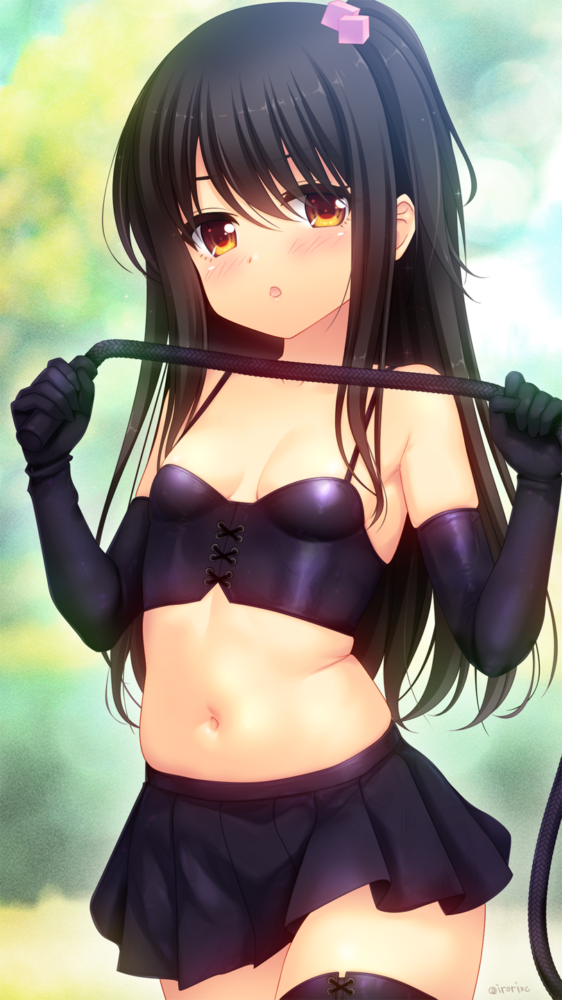 1girl :o adachi_tenka bare_shoulders bdsm black_gloves black_hair black_skirt black_thighhighs blurry blurry_background blush breasts brown_eyes bustier cowboy_shot crop_top cube_hair_ornament dominatrix elbow_gloves gloves hair_ornament hands_up highres holding holding_whip irori_(irorixc) long_hair looking_at_viewer midriff miniskirt navel one_side_up open_mouth outdoors pleated_skirt shoujo_ramune sidelocks skindentation skirt small_breasts solo spaghetti_strap stomach straight_hair swept_bangs thighhighs twitter_username v-shaped_eyebrows whip