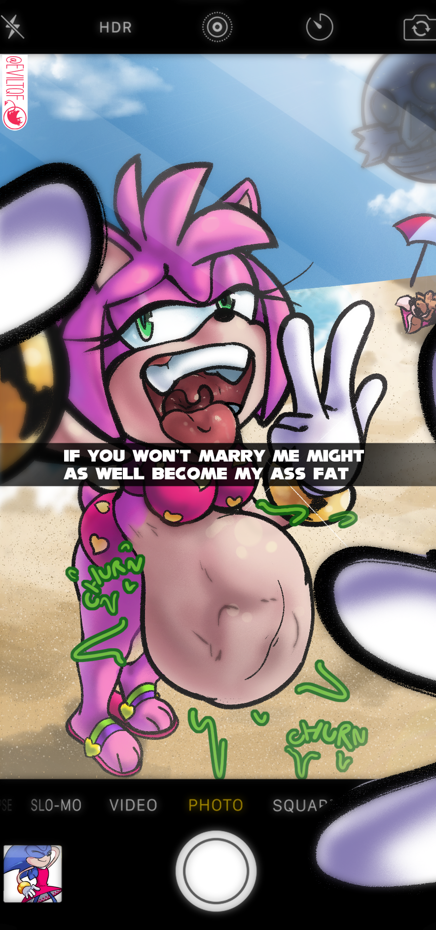 amy_rose anthro bat beach big_breasts breasts caption clothing digestion digestion_noises english_text eulipotyphlan eviltqf female female_pred gaping_mouth gesture hedgehog hi_res male male_prey mammal open_mouth outside phone_screen rouge_the_bat same_size_vore seaside sega selfie sonic_the_hedgehog sonic_the_hedgehog_(series) swimwear text umbrella v_sign vore