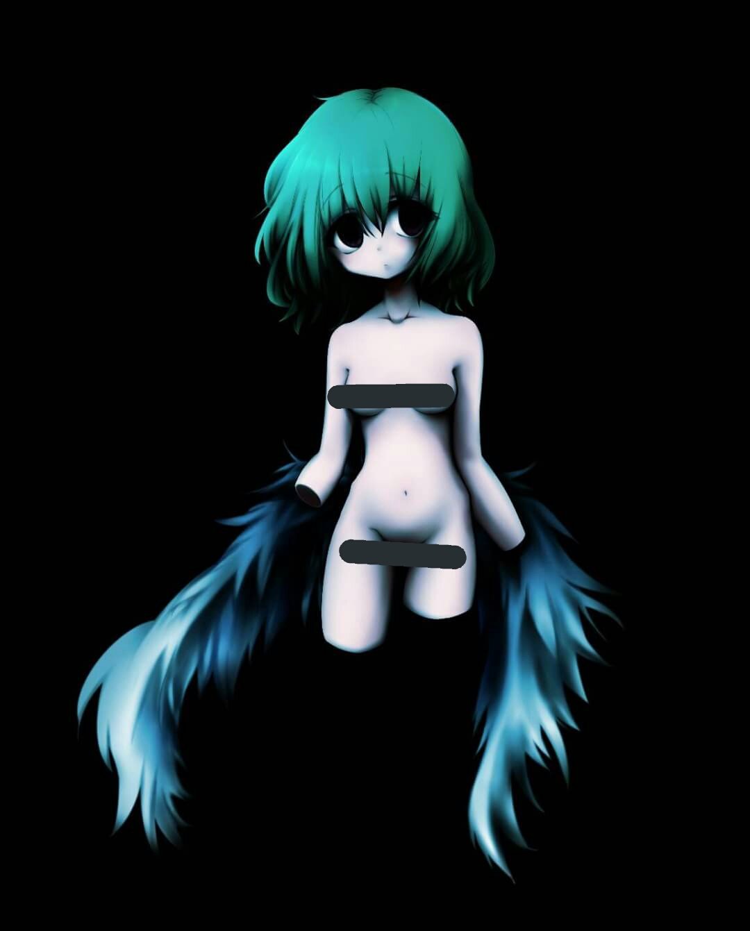 1girl amputee bar_censor black_background black_eyes blue_wings breasts censored commentary_request completely_nude expressionless green_hair highres looking_to_the_side low_wings medium_hair navel nomura_kitan nude original quadruple_amputee simple_background small_breasts solo wings