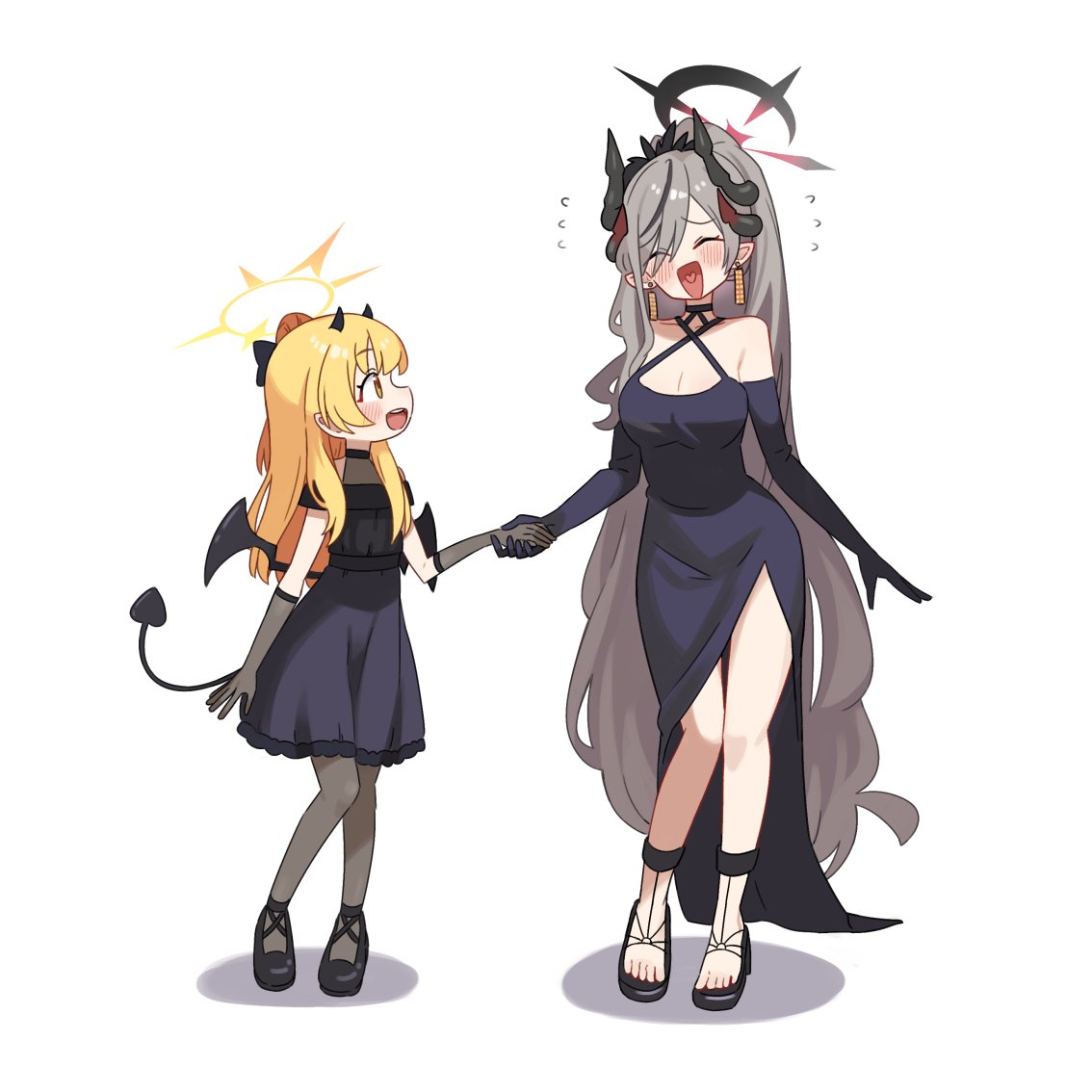 2girls black_dress black_footwear black_gloves black_horns black_pantyhose black_tail black_wings blonde_hair blue_archive blush breasts cleavage demon_horns demon_wings dress elbow_gloves flat_chest flying_sweatdrops gloves grey_hair halo halterneck heart heart_in_mouth high_heels horns ibuki_(blue_archive) ibuki_(dress)_(blue_archive) large_breasts long_hair makoto_(blue_archive) makoto_(dress)_(blue_archive) multiple_girls open_mouth pantyhose pointy_ears red_halo shoes short_sleeves simple_background smile taru_haru white_background wings yellow_eyes yellow_halo