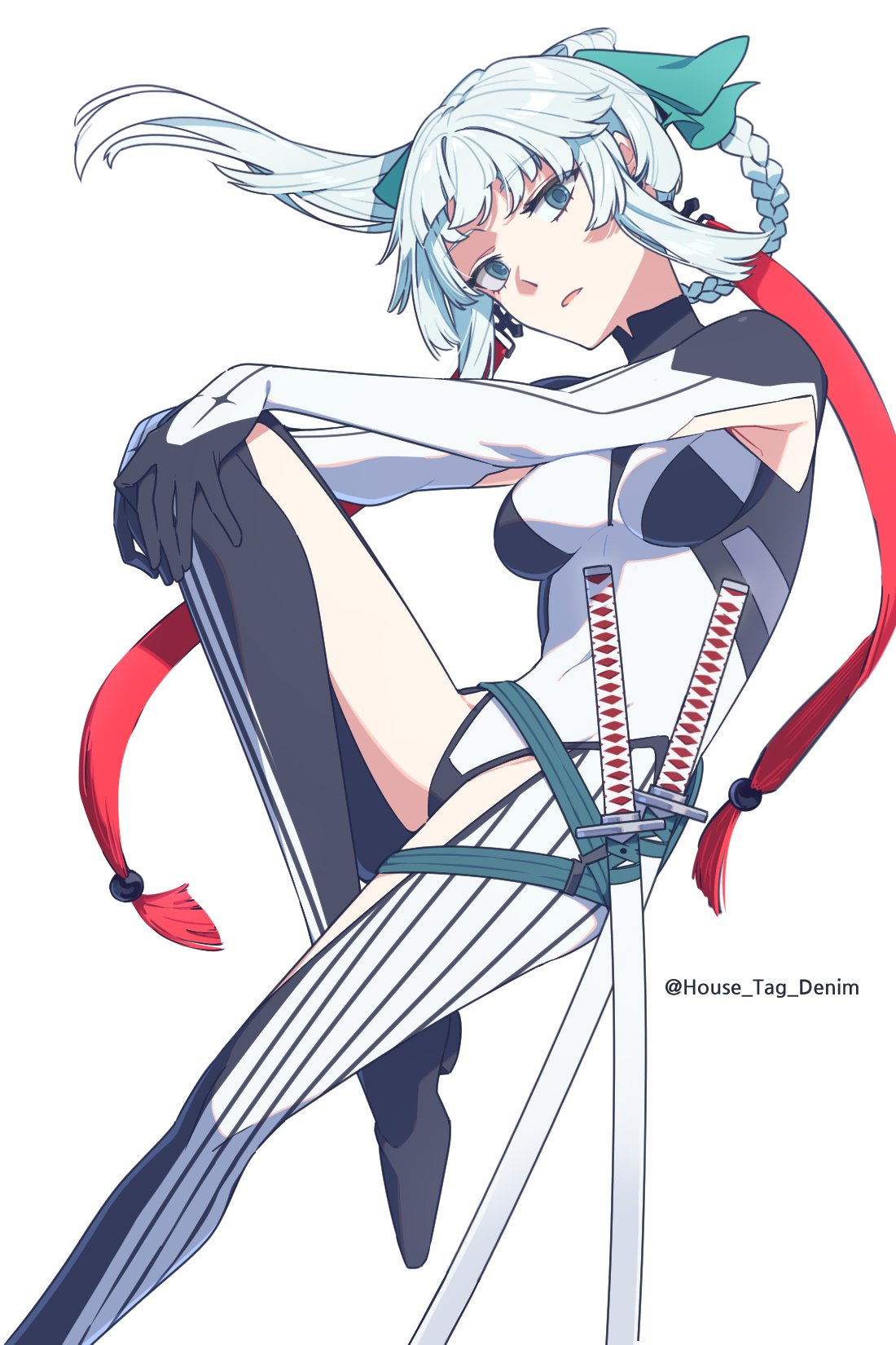 aqua_ribbon armpit_cutout black_bodysuit blue_eyes bodysuit braided_hair_rings clothing_cutout collared_bodysuit crotchless crotchless_bodysuit earrings fate/grand_order fate/samurai_remnant fate_(series) hair_ribbon highres house_tag_denim jewelry katana kishimen_hair looking_at_viewer multicolored_bodysuit multicolored_clothes ribbon sheath sheathed simple_background striped_bodysuit sword tassel tassel_earrings thigh_cutout twitter_username two-tone_bodysuit weapon white_background white_bodysuit white_hair yui_shousetsu_(fate) yui_shousetsu_(first_ascension)_(fate)