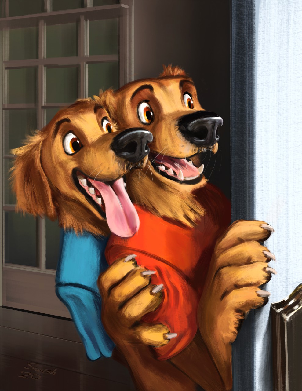 2020 anthro bird_dog black_nose blue_clothing blue_shirt blue_t-shirt blue_topwear brother_(lore) brothers_(lore) canid canine canis clawed_fingers claws clothing creases domestic_dog door duo fangs fur golden_retriever hand_on_another's_shoulder hand_on_door hand_on_shoulder hi_res hunting_dog jagged_teeth looking_aside male mammal orange_eyes red_clothing red_shirt red_t-shirt red_topwear retriever shirt sibling_(lore) swish t-shirt tan_body tan_fur teeth tongue tongue_out topwear white_whiskers window